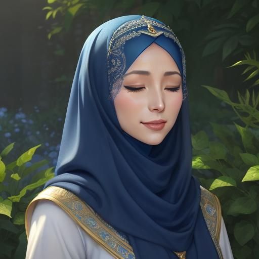 Realistic Painting of a Muslim Woman in a Hijab, Garden Back...