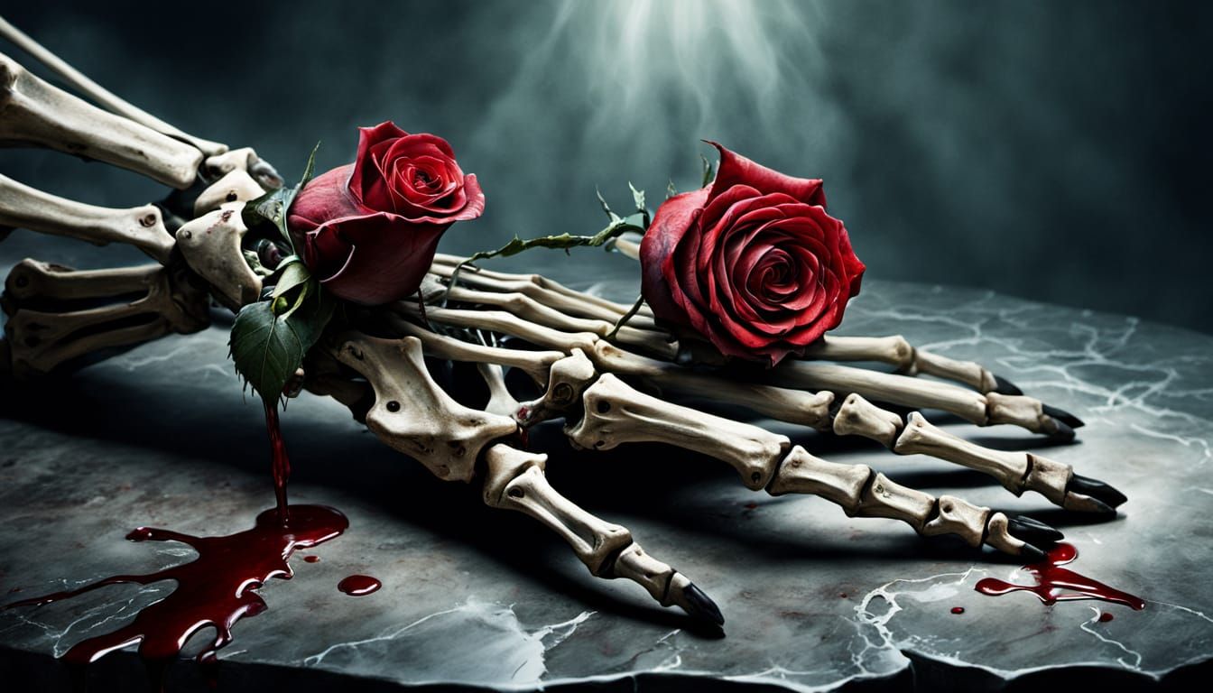 Macabre Surrealism: Skeleton Hand Offers Wilting Rose