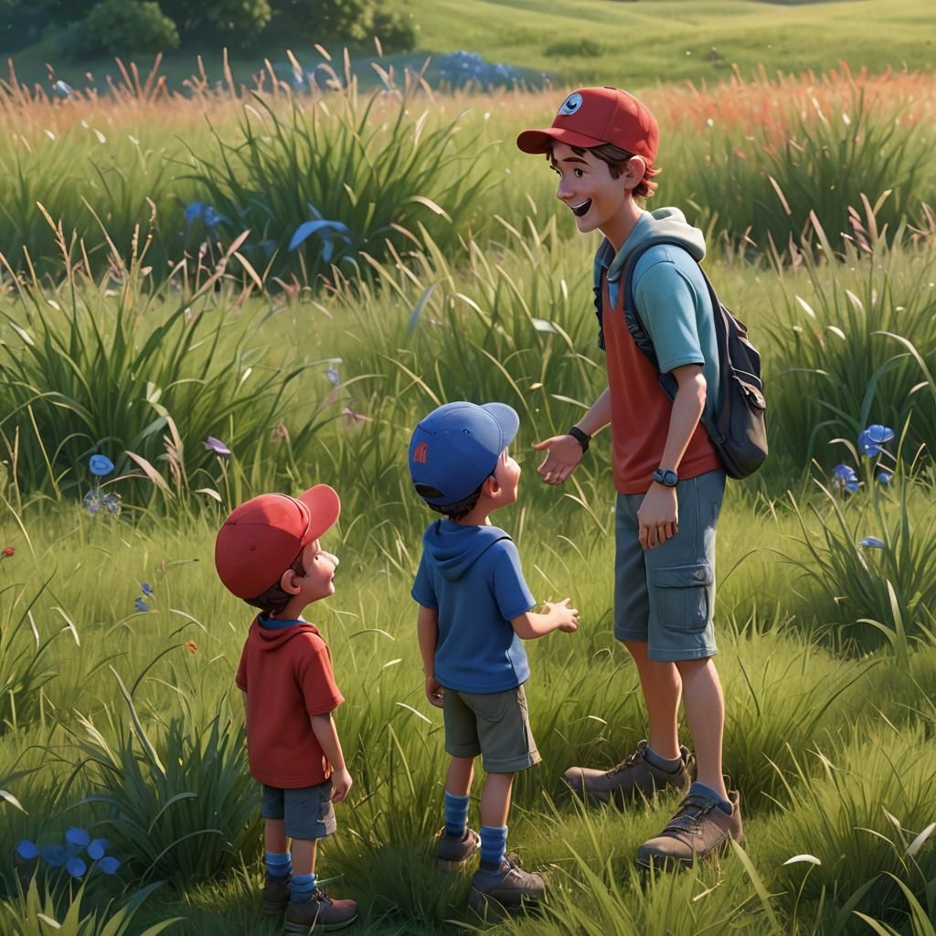 Young Friends Connect in a Vibrant Meadow Scene, Rendered in...