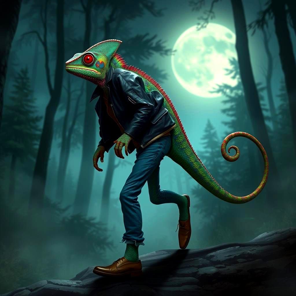 Rebellious Chameleon in Cyberpunk Attire