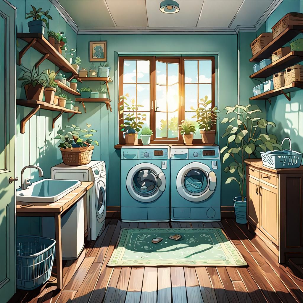 Whimsical Laundry Room in Anime Style