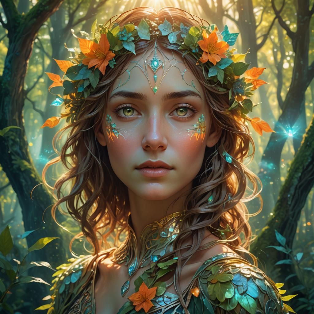 Ethereal Art Nouveau Goddess in Lush Forest