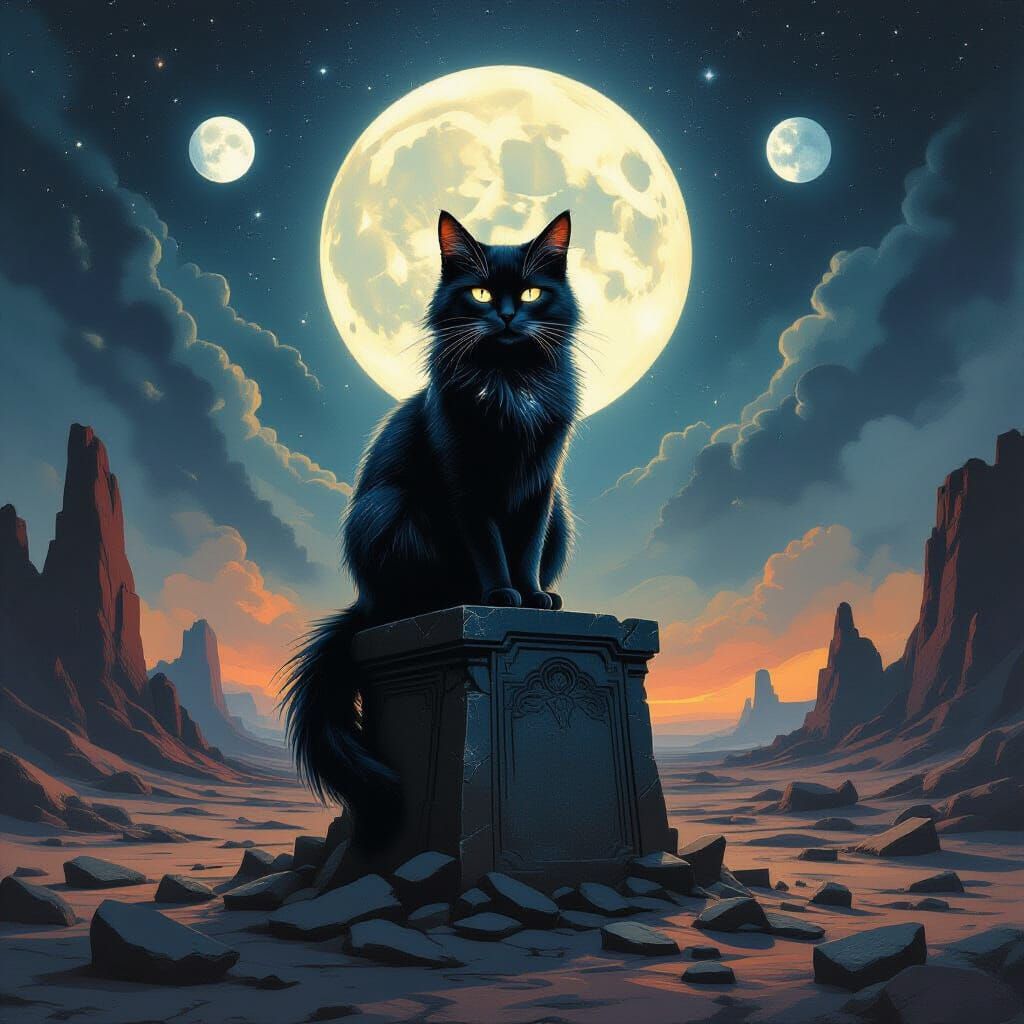 Ancient Cosmic Cat on Obsidian Altar in Nebula Glow