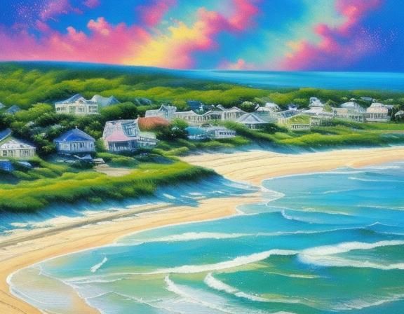 Vibrant Beach Scene with Shimmering Water Pools
