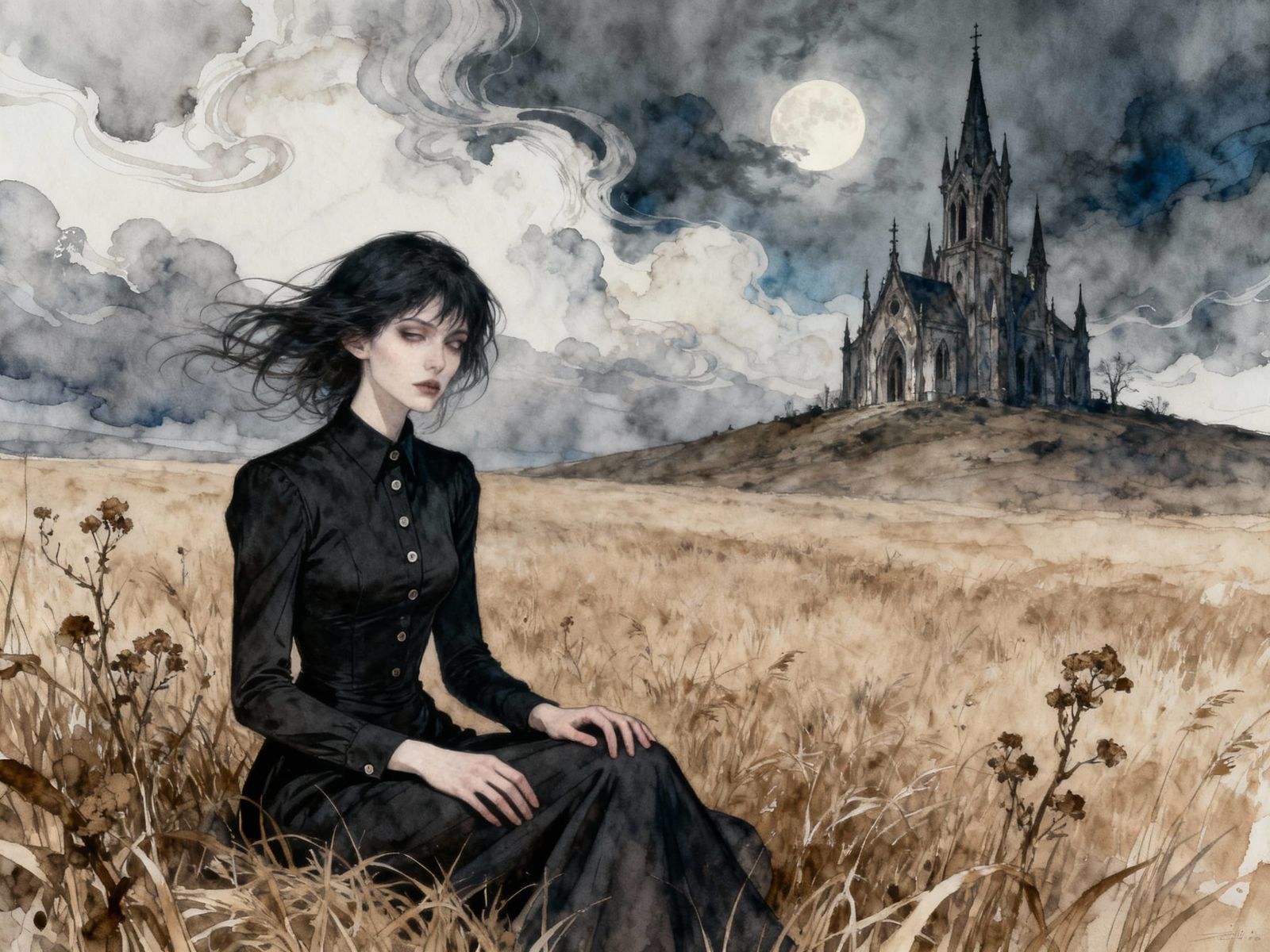 Gothic Woman in Dry Field Under Eerie Moon