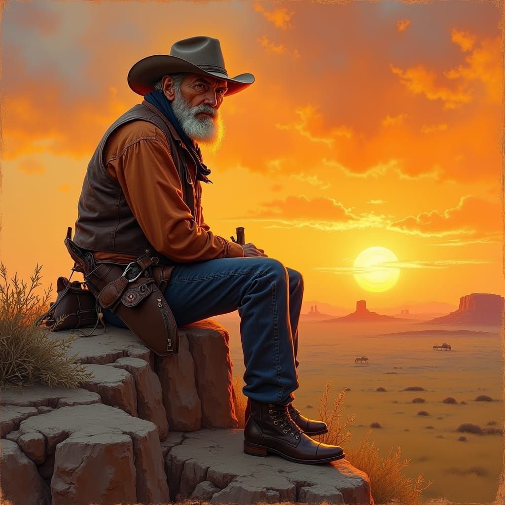 Weathered Cowboy Amidst Golden Sunset, Classic Western Oil P...