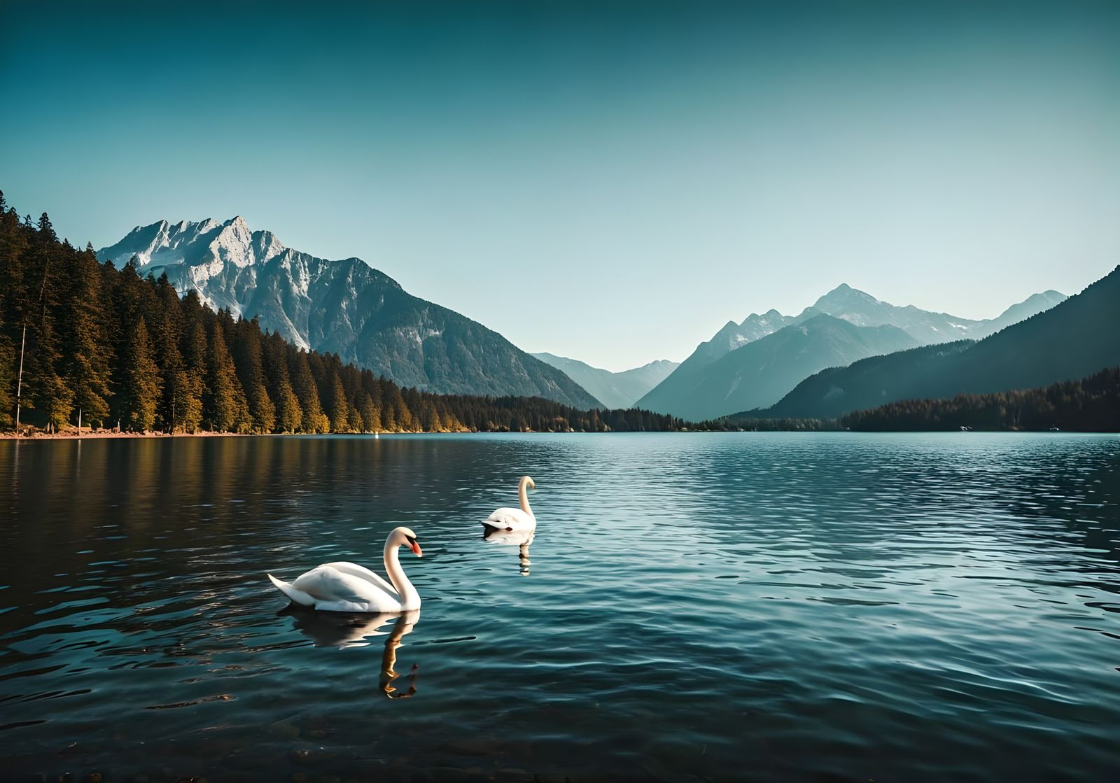 Cinematic Lake Scene with Swans and Alps