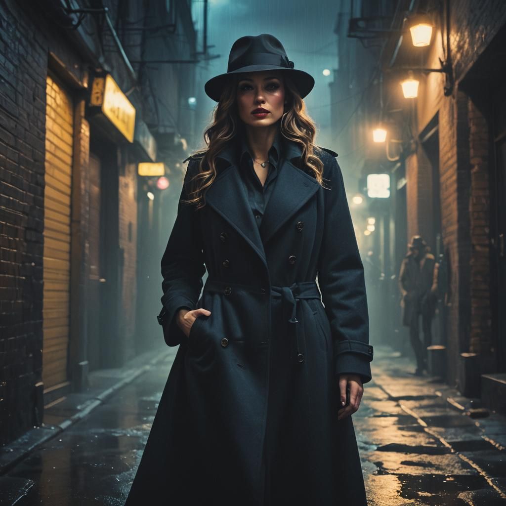 Sultry Femme Fatale in Smoky Alleyway