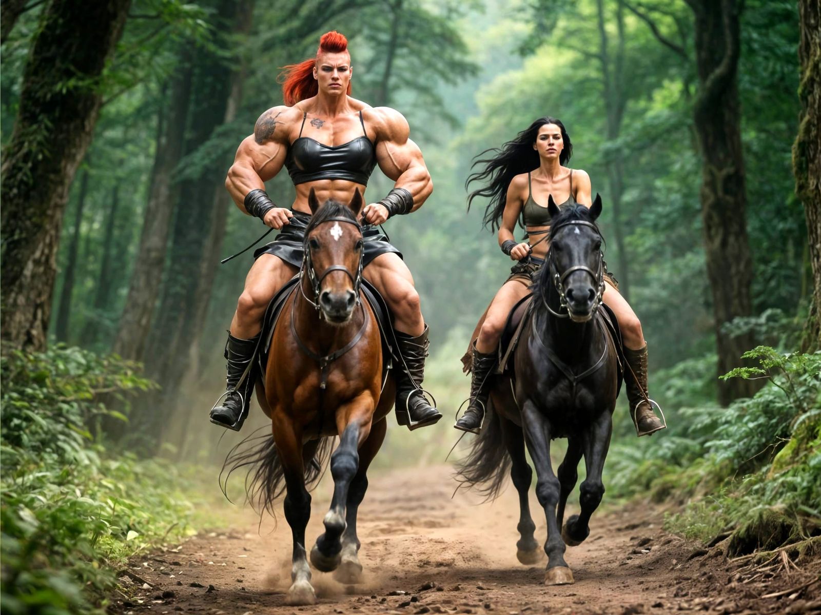 Muscular Amazon and Friend Ride Through Forest