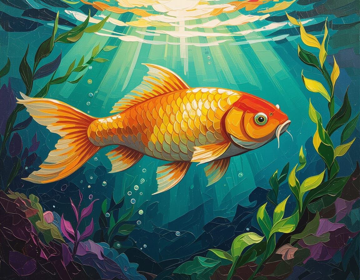 Golden Koi Fish Underwater Impasto Painting