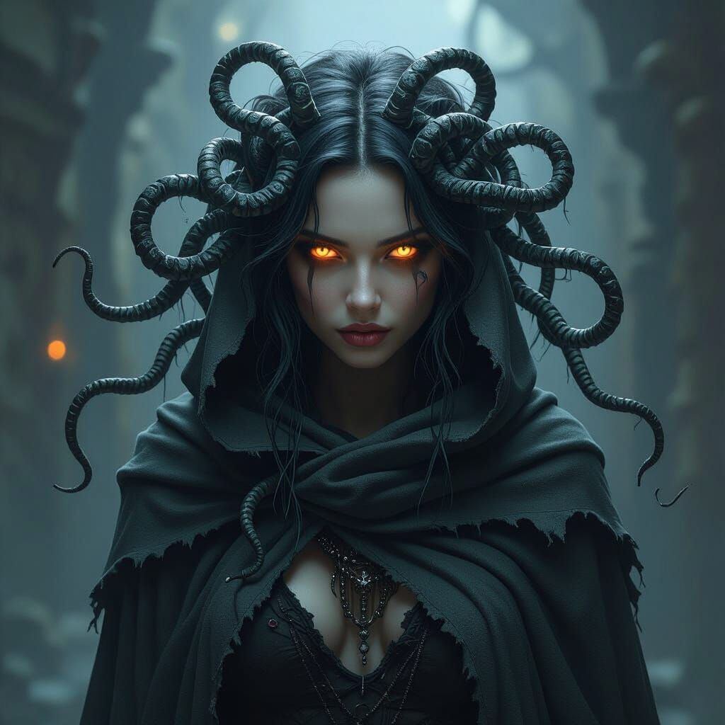 Medusa with Piercing Gaze in Dark Mystical Style