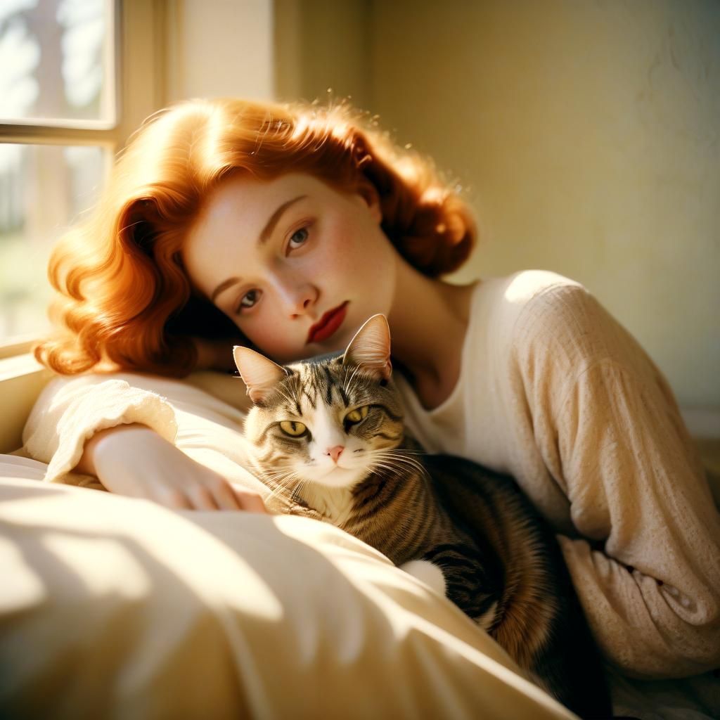 Vintage Hollywood Glamour Scene: Redheaded Woman Surrounded....