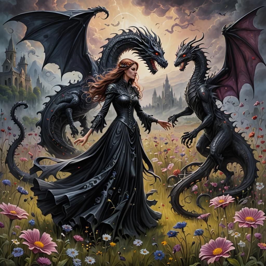 Mystical Flower Meadow in Dark, Surreal Style