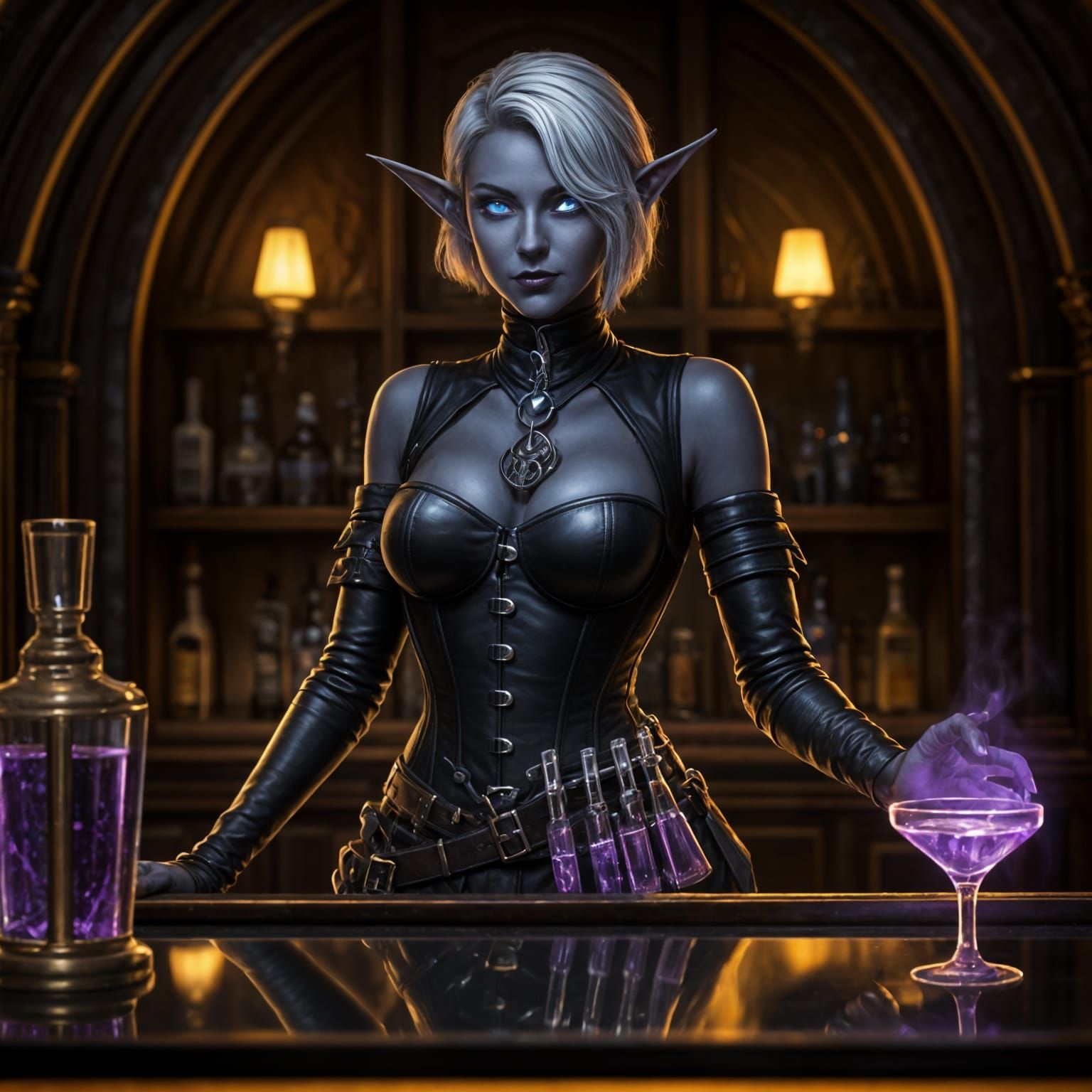 Dark Elf Bartender Mixing Drinks in Fantasy Tavern