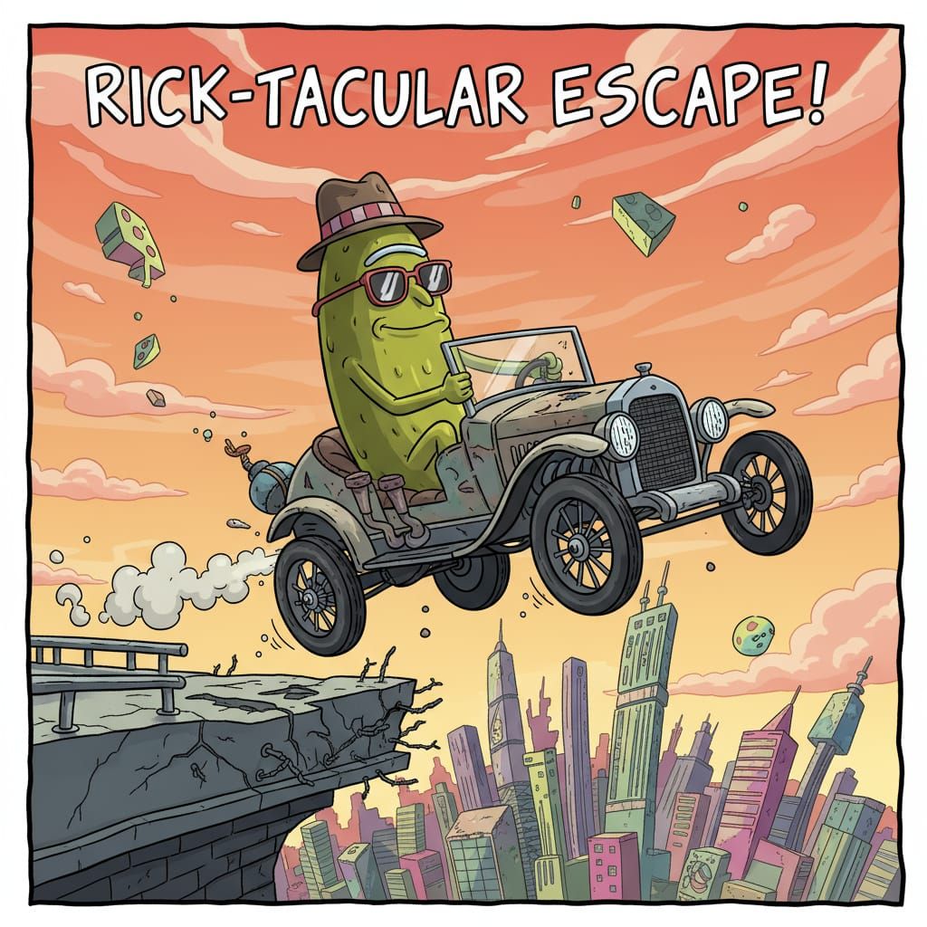 Pickle Rick Drives Car Off Bridge in Adult Swim Style
