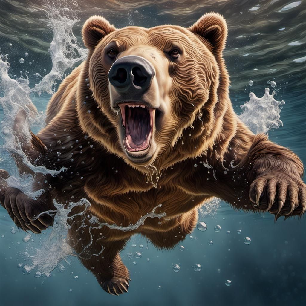 Hyper-Realistic Grizzly Bear Diving into a Caldera of Water