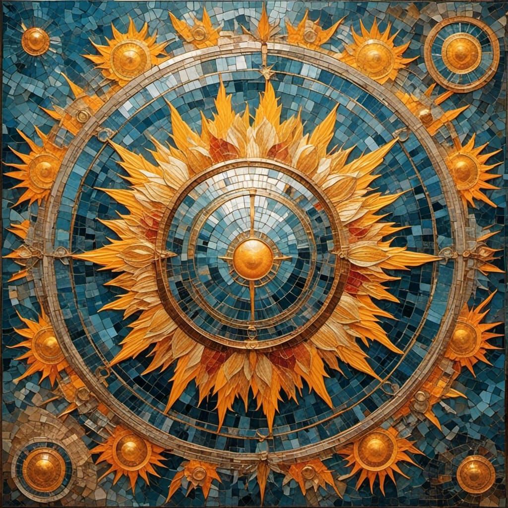 painting of an extremely large sun with sunbeams stretching  out to the land intricate details. Vivid colors  <lora:Mosa...