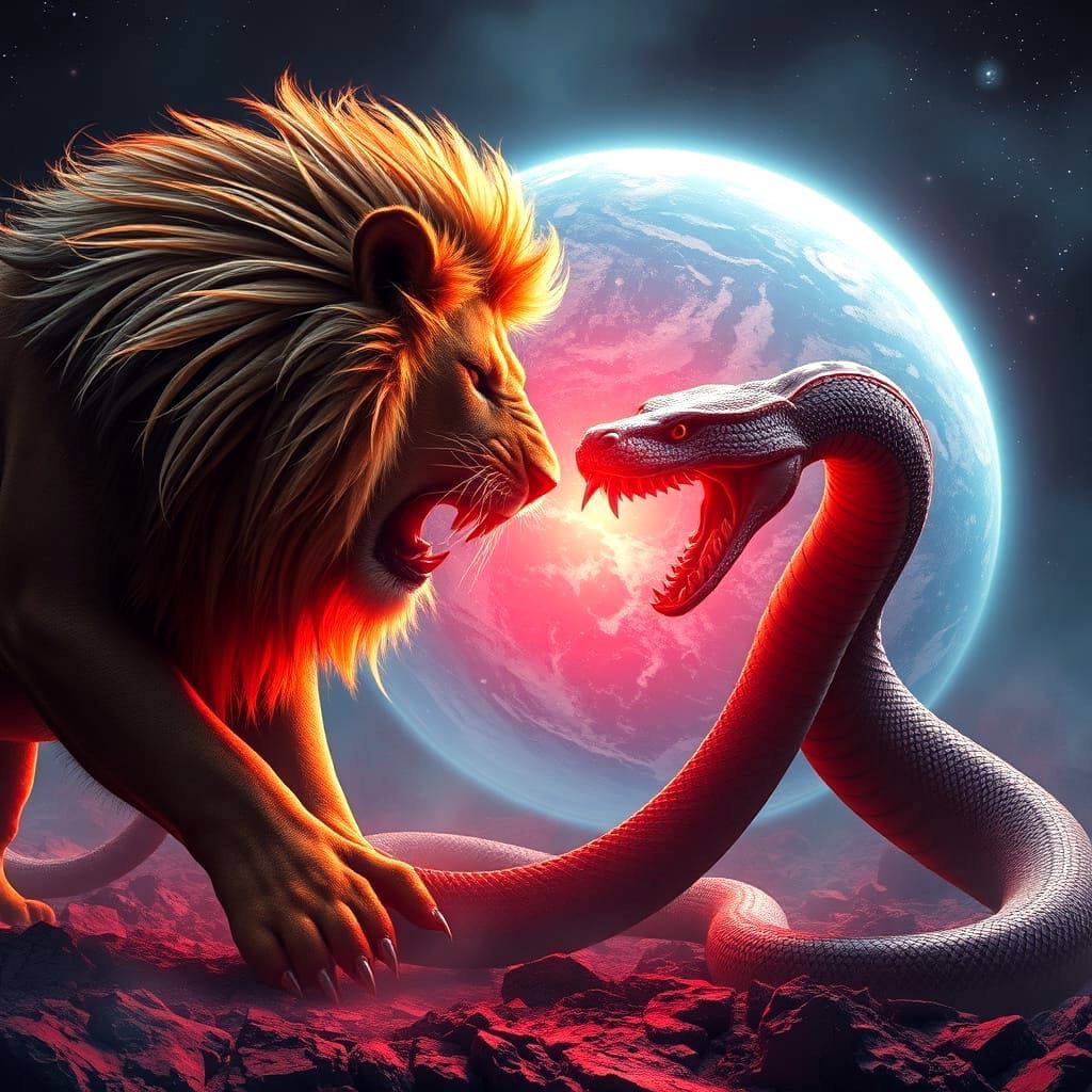 Lion vs Snake Epic Battle in Space, 3D Game Art