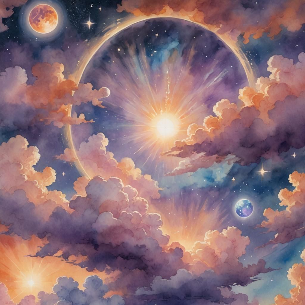 Celestial Watercolor of God Creating Glowing Orbs