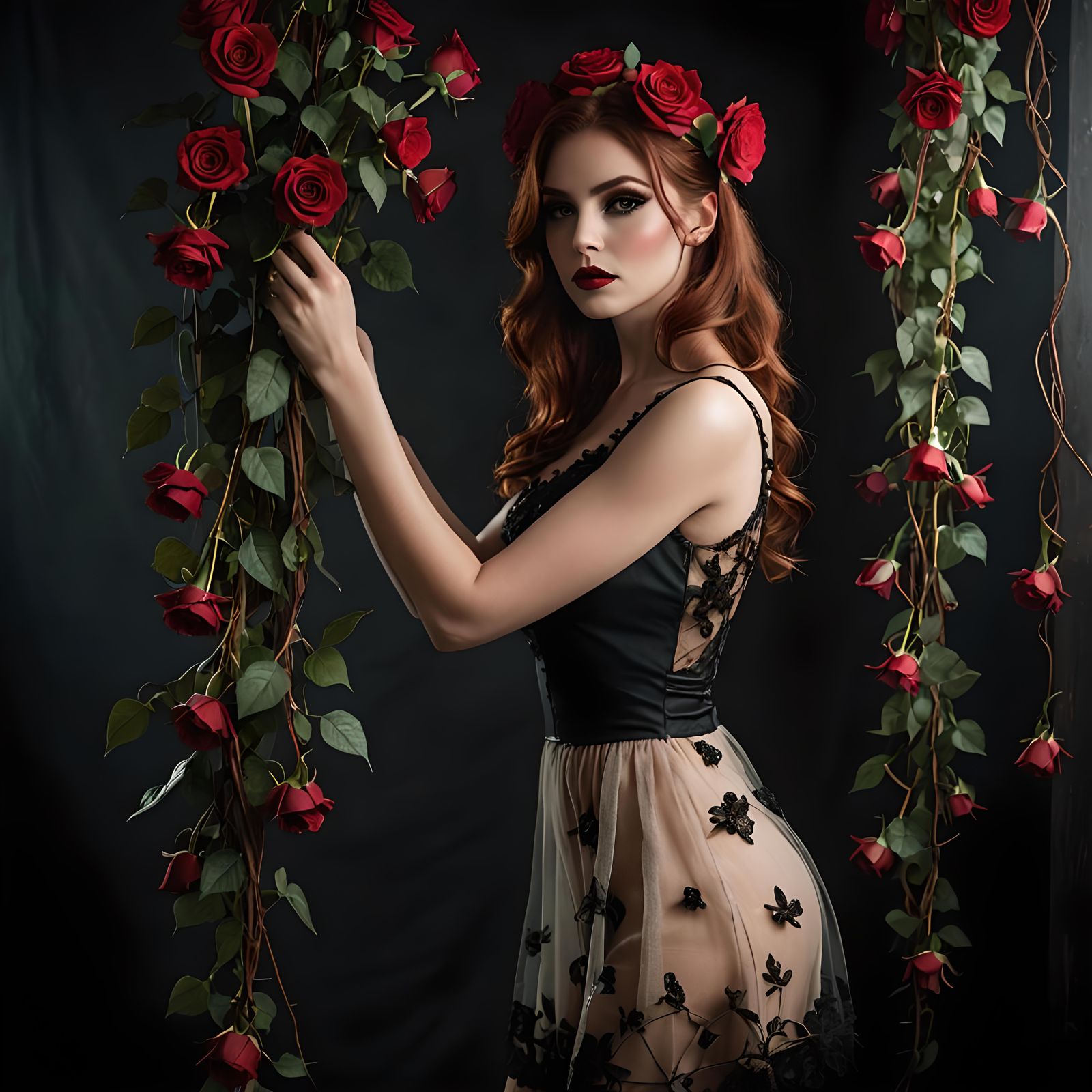Ethereal Rose Goddess in a Haunting Studio Setting