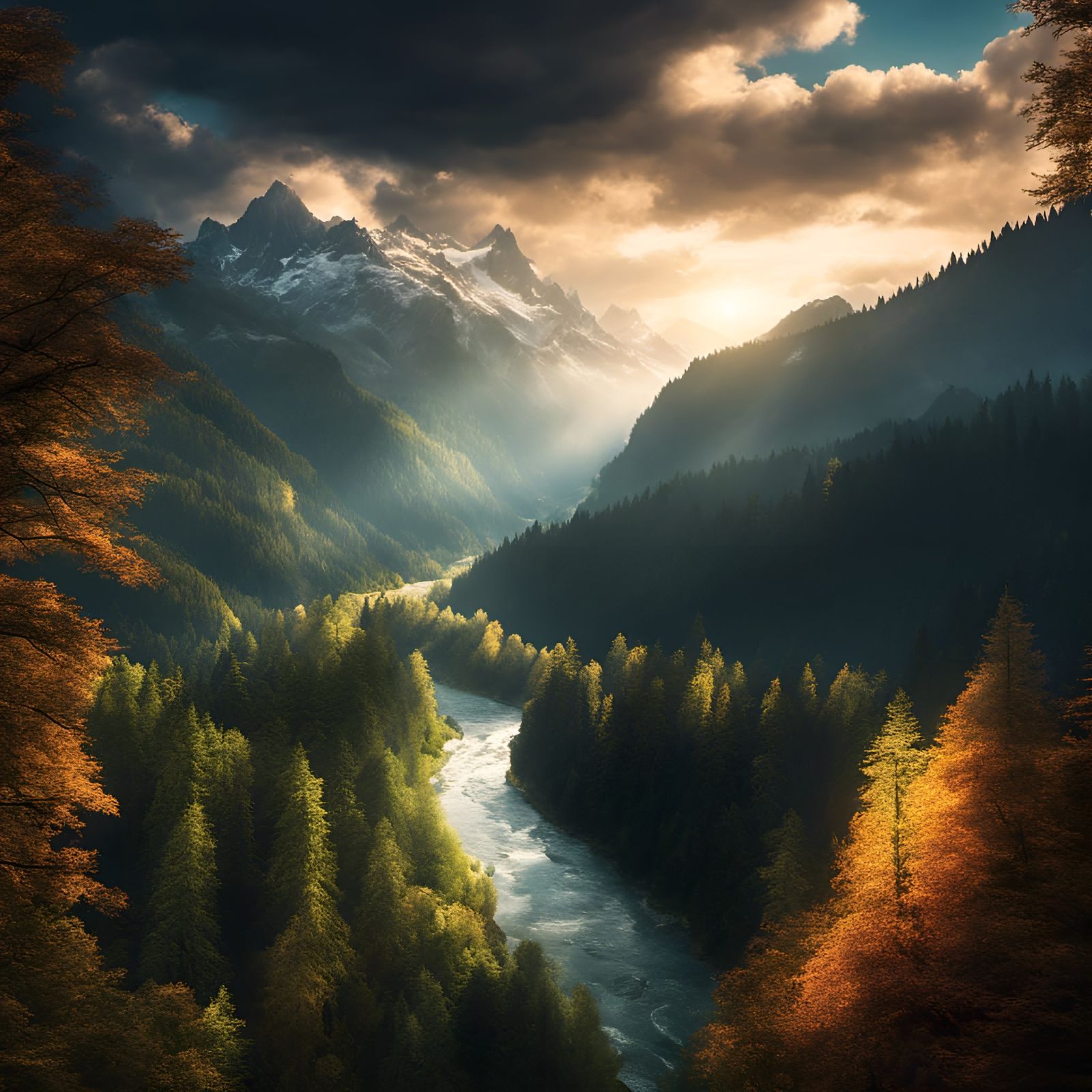 Fantasy Swiss Mountain Landscape with Dramatic Dark Forest