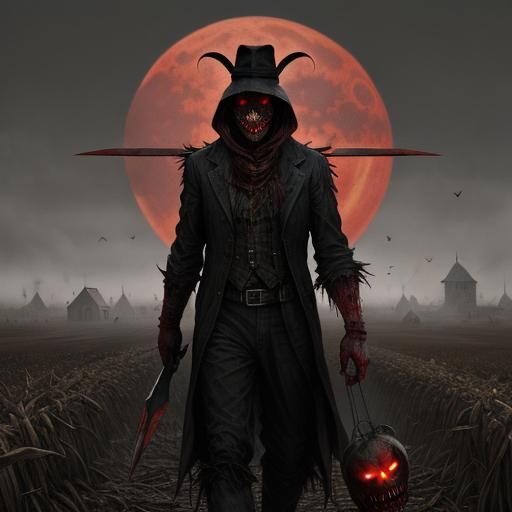 Sinister Scarecrow in a Haunting Cornfield at Midnight