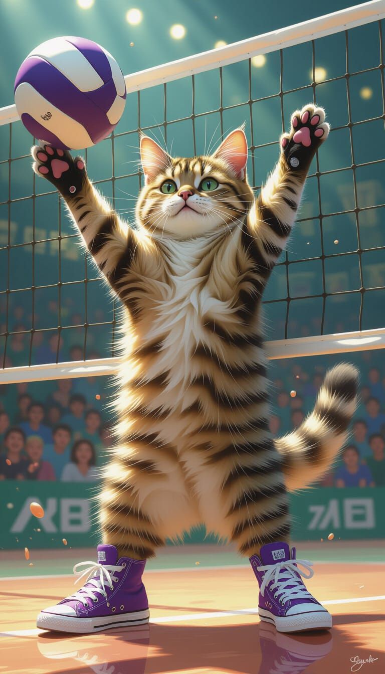 Anthropomorphic Cat Plays Volleyball, Detailed Digital Art