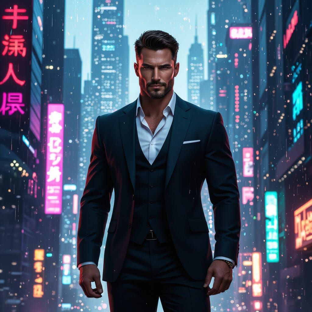 Cyberpunk Man in Futuristic Cityscape