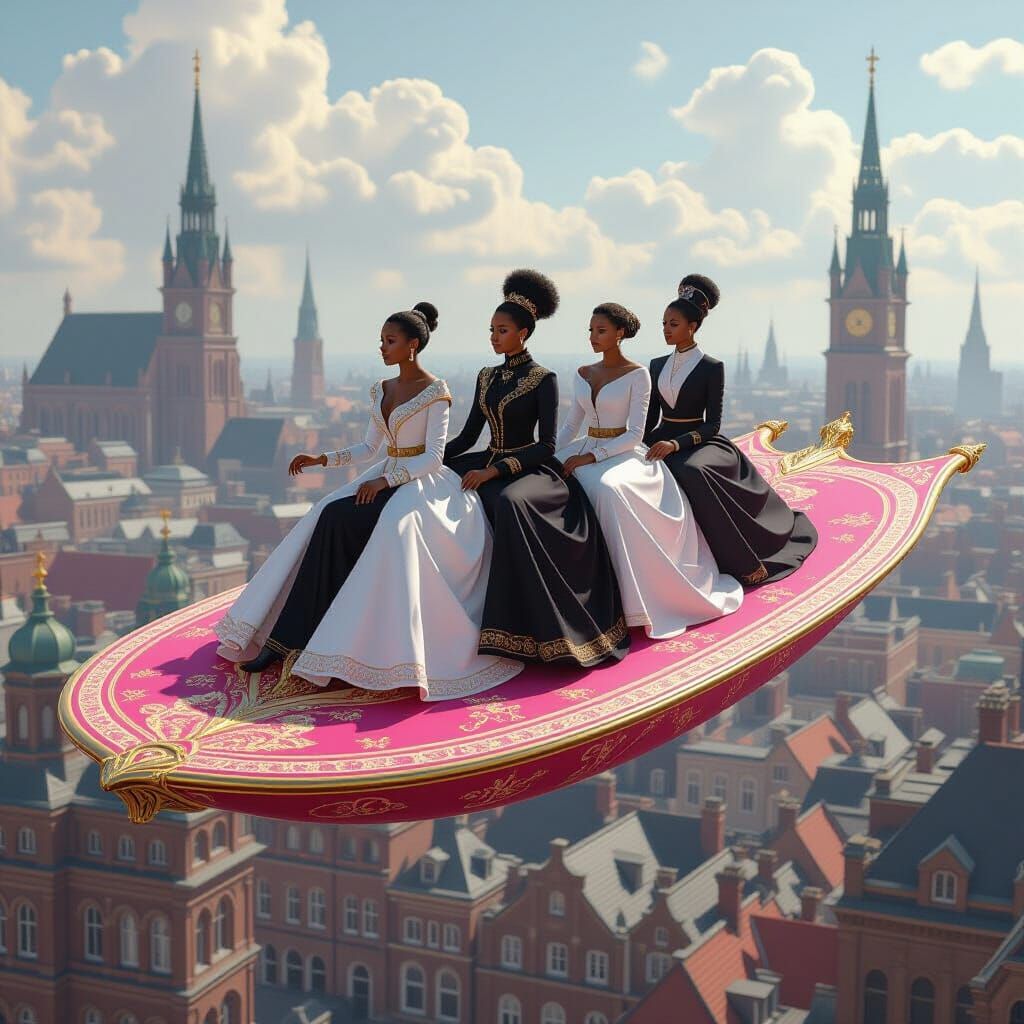 Elegant Women on Flying Carpet Above Cityscape