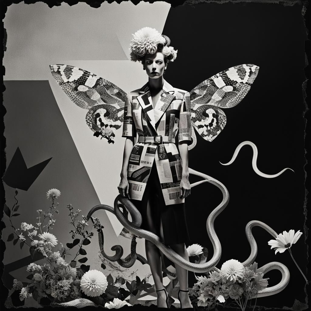 Surreal Avant-Garde Model Surrounded by Geometric Serpents i...
