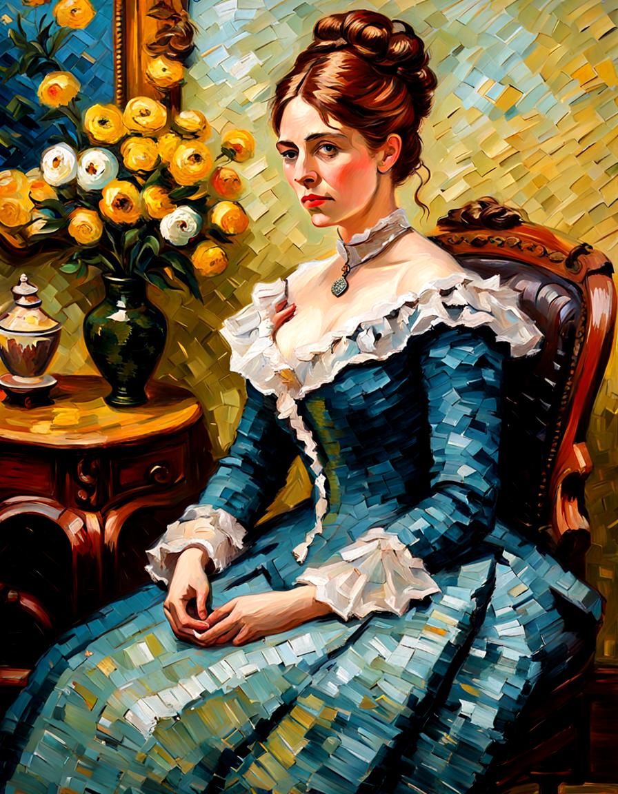 Elegant Victorian Woman in Heavily Textured Oil Painting