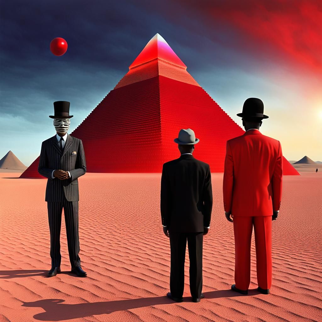 Gentlemen's Surreal Encounter Beneath Glowing Red Pyramid