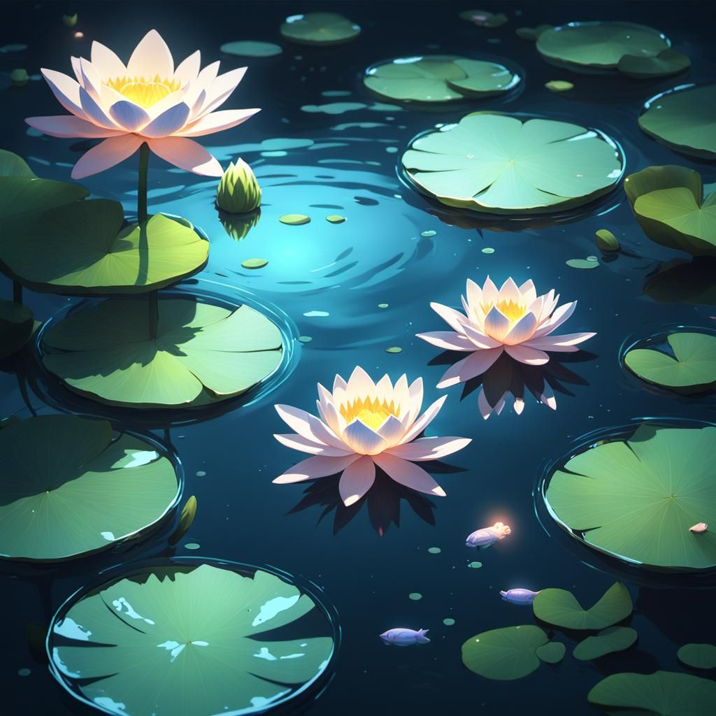 Vibrant 3D Anime Pond Scene in Soft Light