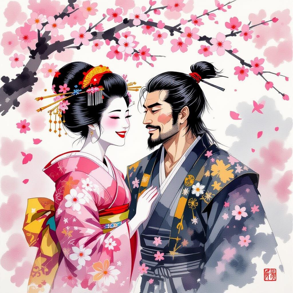 Geisha and Samurai Kiss in Cherry Blossom, Alcohol Ink