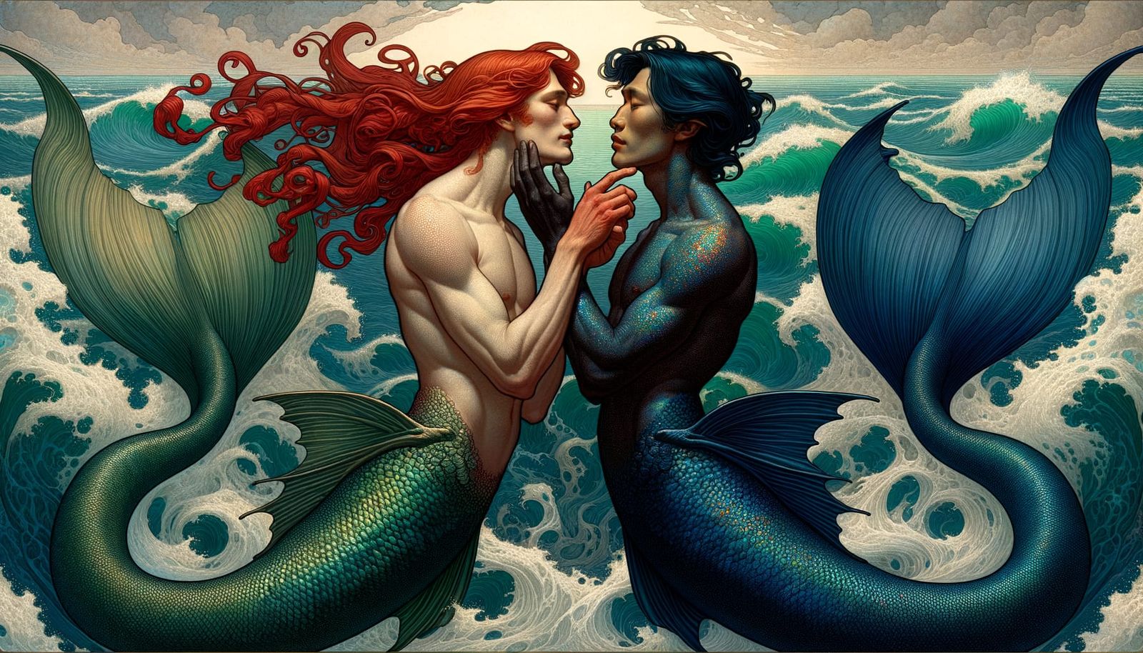 Ethereal Art Nouveau Mermen Share Tender Moment Amidst Ocean...
