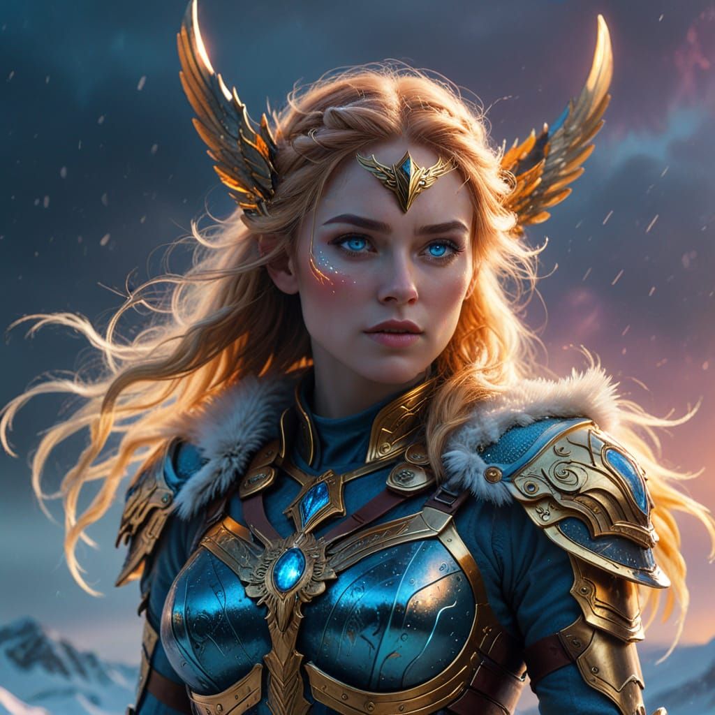 Surreal Winter Valkyrie with Iridescent Armor and Glowing Ey...
