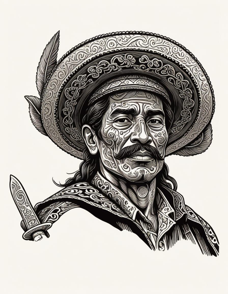 Man in a Sombrero, Machete in Hand, in Vintage Mexican Folk ...