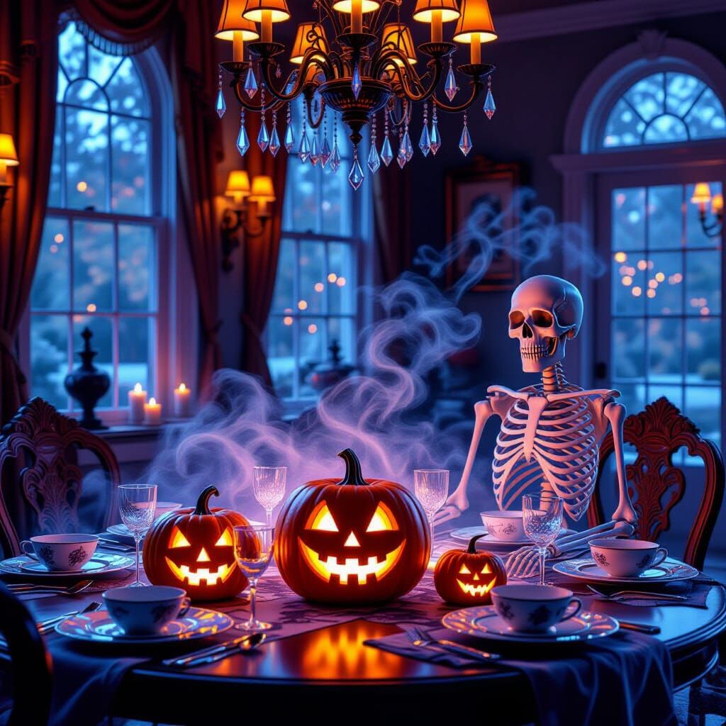 Sophisticated Halloween Dining Room with Illuminated Pumpkin...