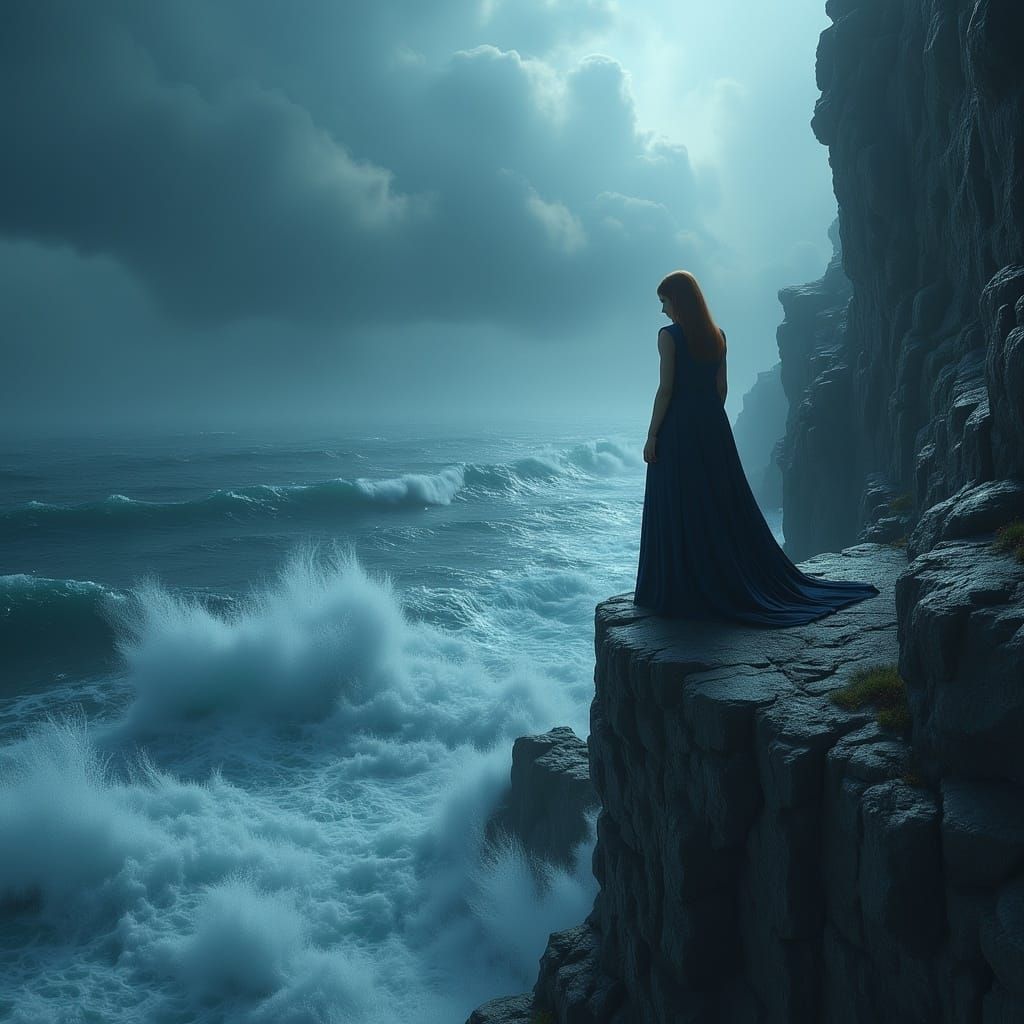 Heroine Contemplates Stormy Horizon in Cyberpunk Aesthetic