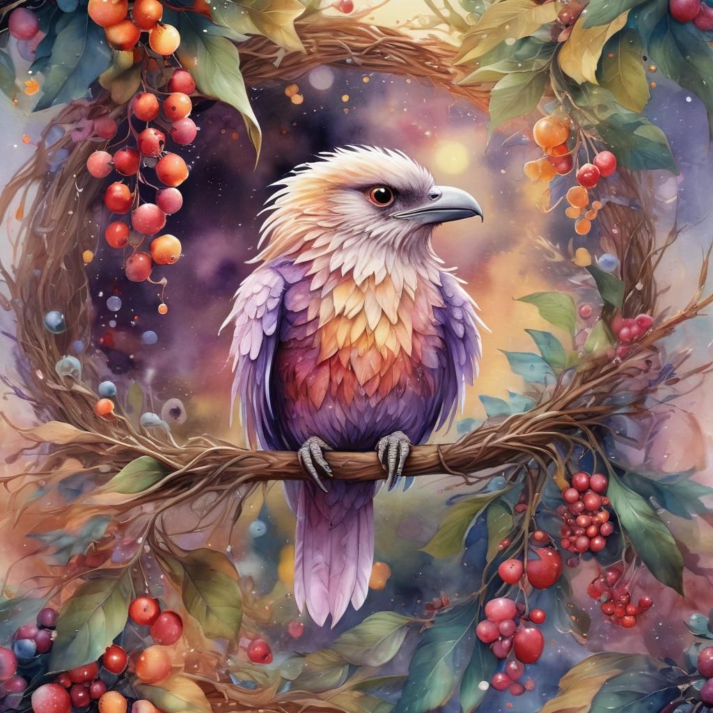 Majestic Astral Feathered Being Surrounded by Vibrant Berrie...