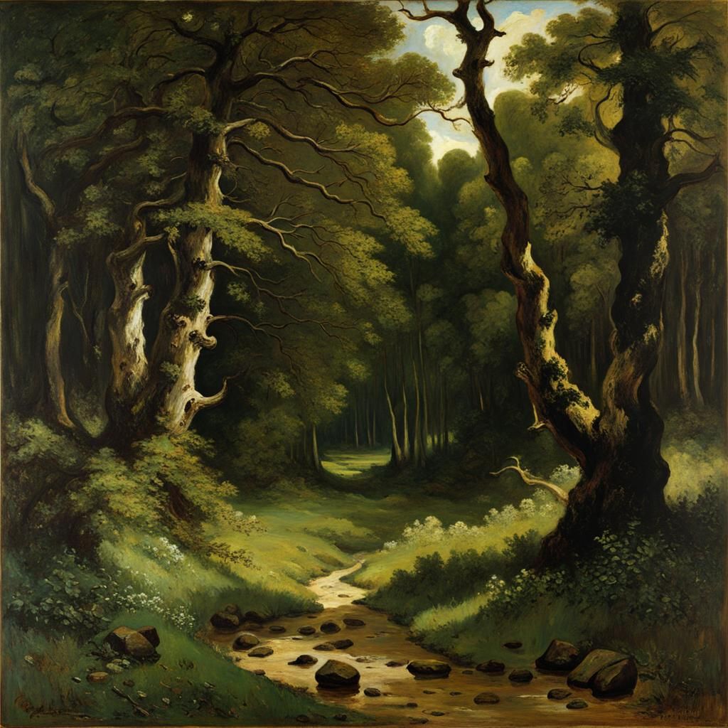 Realistic Dark Forest Scene in the Style of Courbet