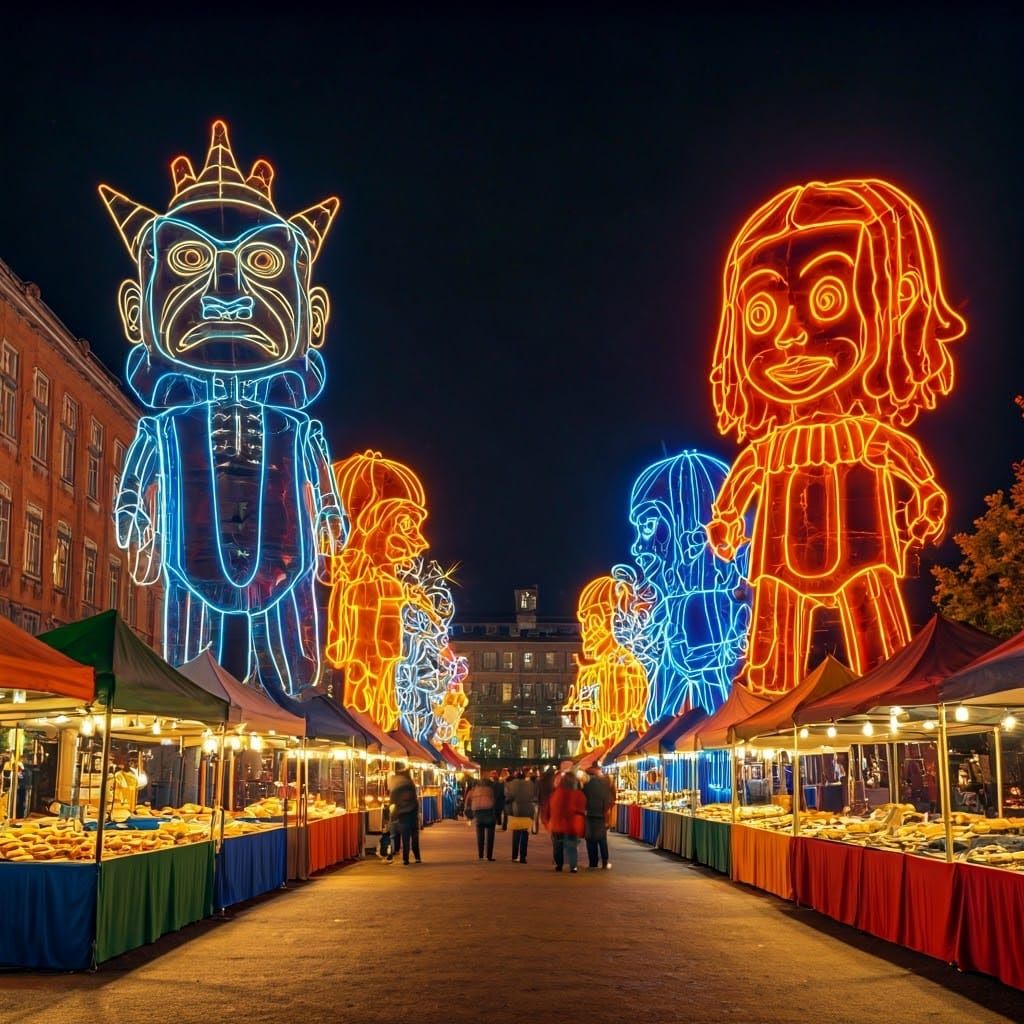 Vibrant Night Market with Comical Neon Signs