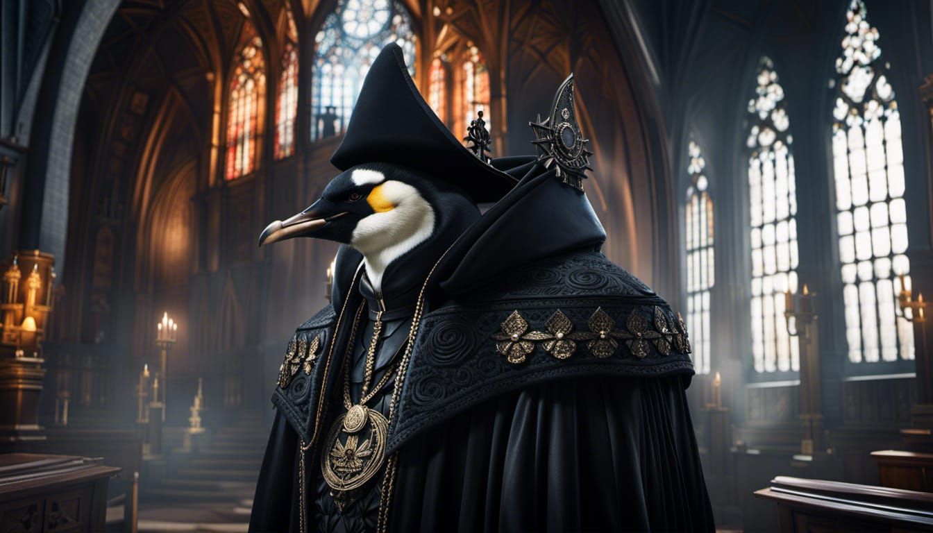 Gothic Emperor Penguin Priest in Dark Church at Full Moon