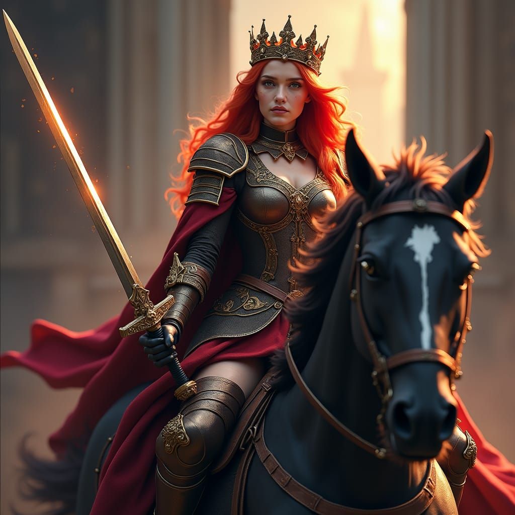 Regal Red-Haired Princess in Dark Fantasy Armor