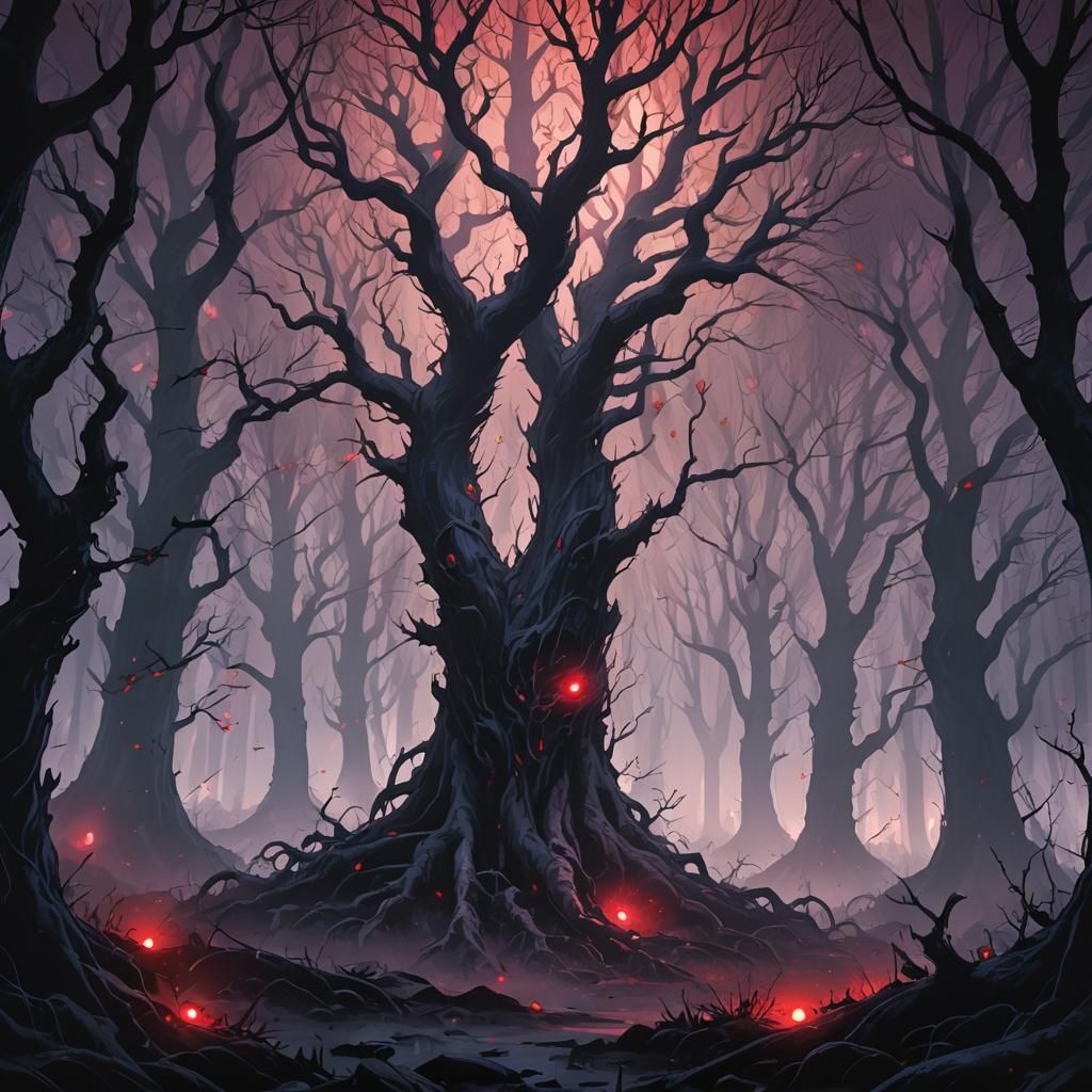 Mysterious Red-Eyed Forest in Dark Fantasy Style