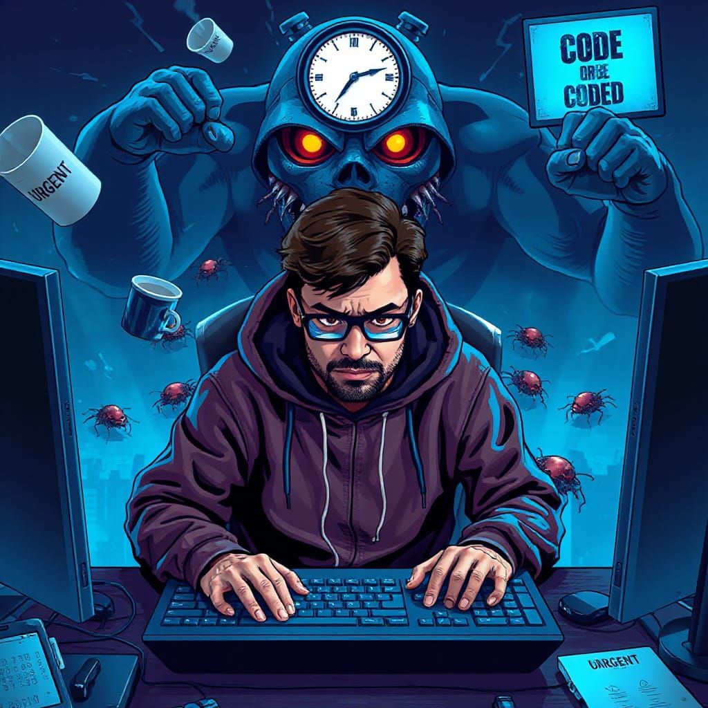 Programmer's Coding Nightmare in Futuristic Style