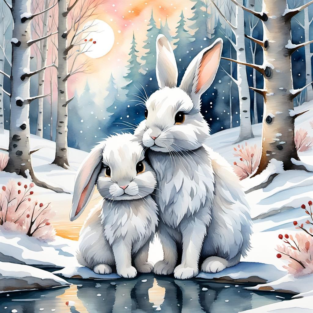 Chibi Rabbit Family Snuggles by Birch Tree in Snowy Wonderla...