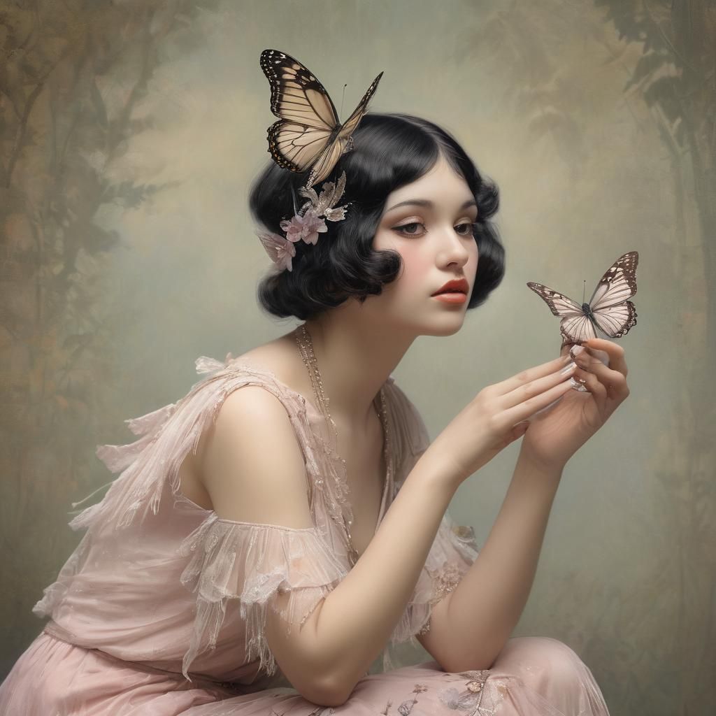 Glamorous Art Nouveau Flapper Lady with Butterfly in Gentle...