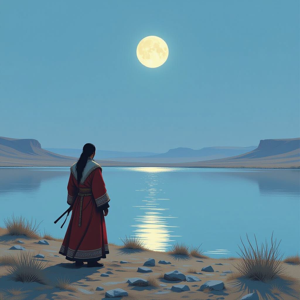 Mongolian Figure Under Moonlight: Surreal Wilderness Scene