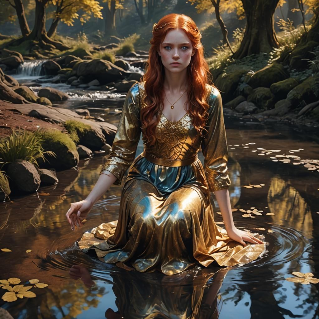 Surreal Fantasy Goddess Contemplates Her Reflection in a Ser...